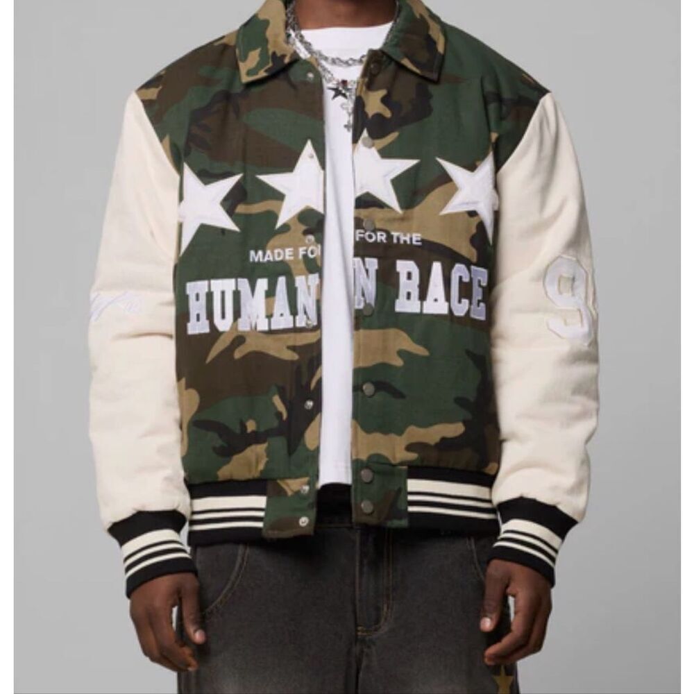 New Loiter STAR CHILD VARSITY JACKET Woodland Camo